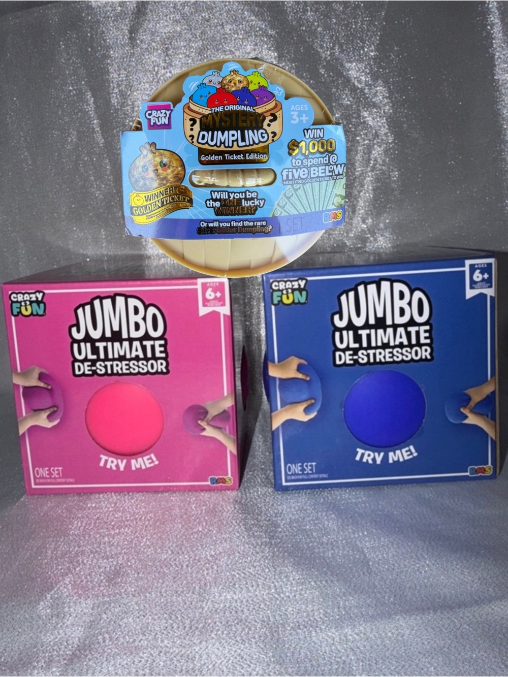 Golden Ticket Dumpling &  2 Jumbo Ultimate De-Stressor Ball Set Pink & Blue